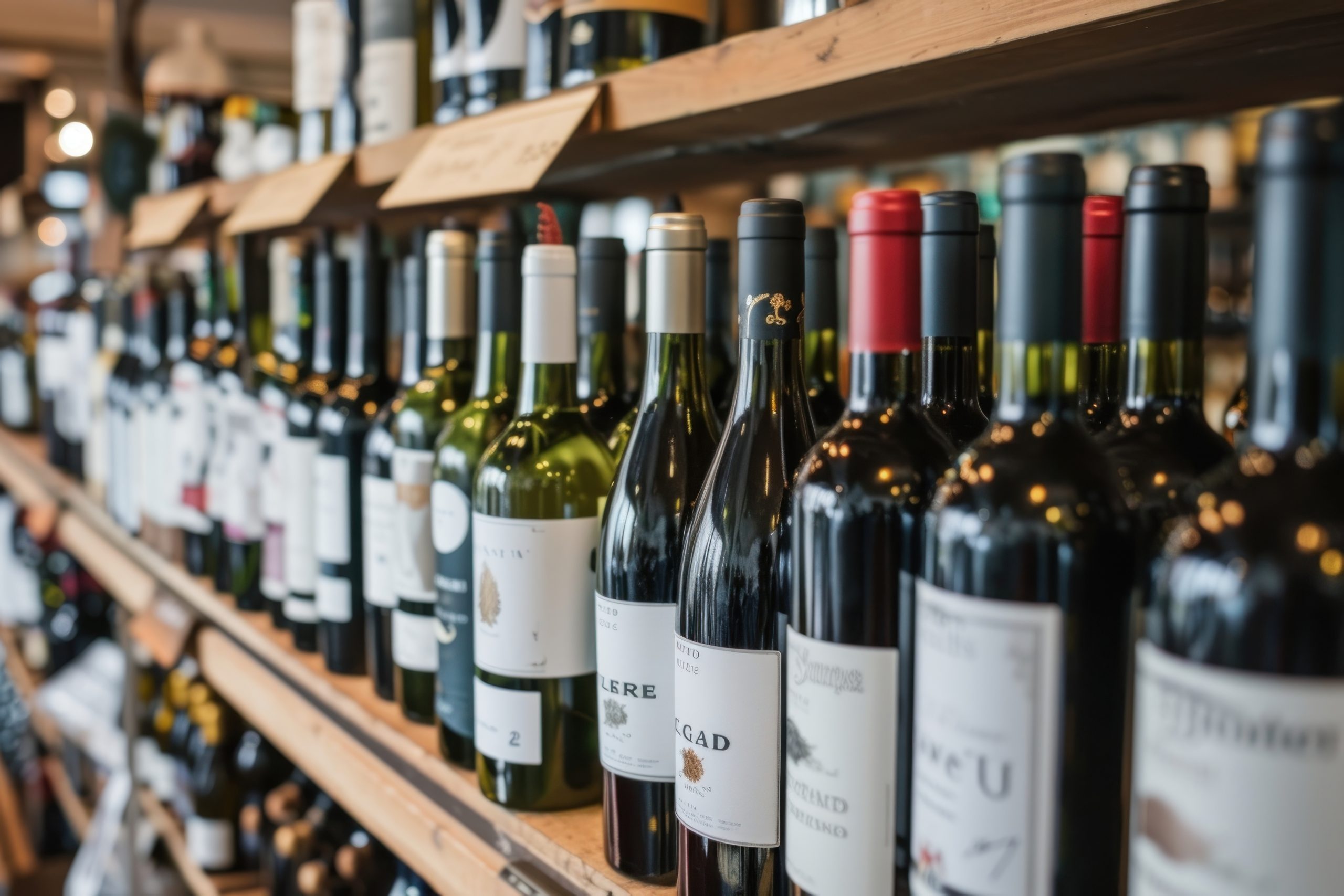 Several wine bottles on a store shelf