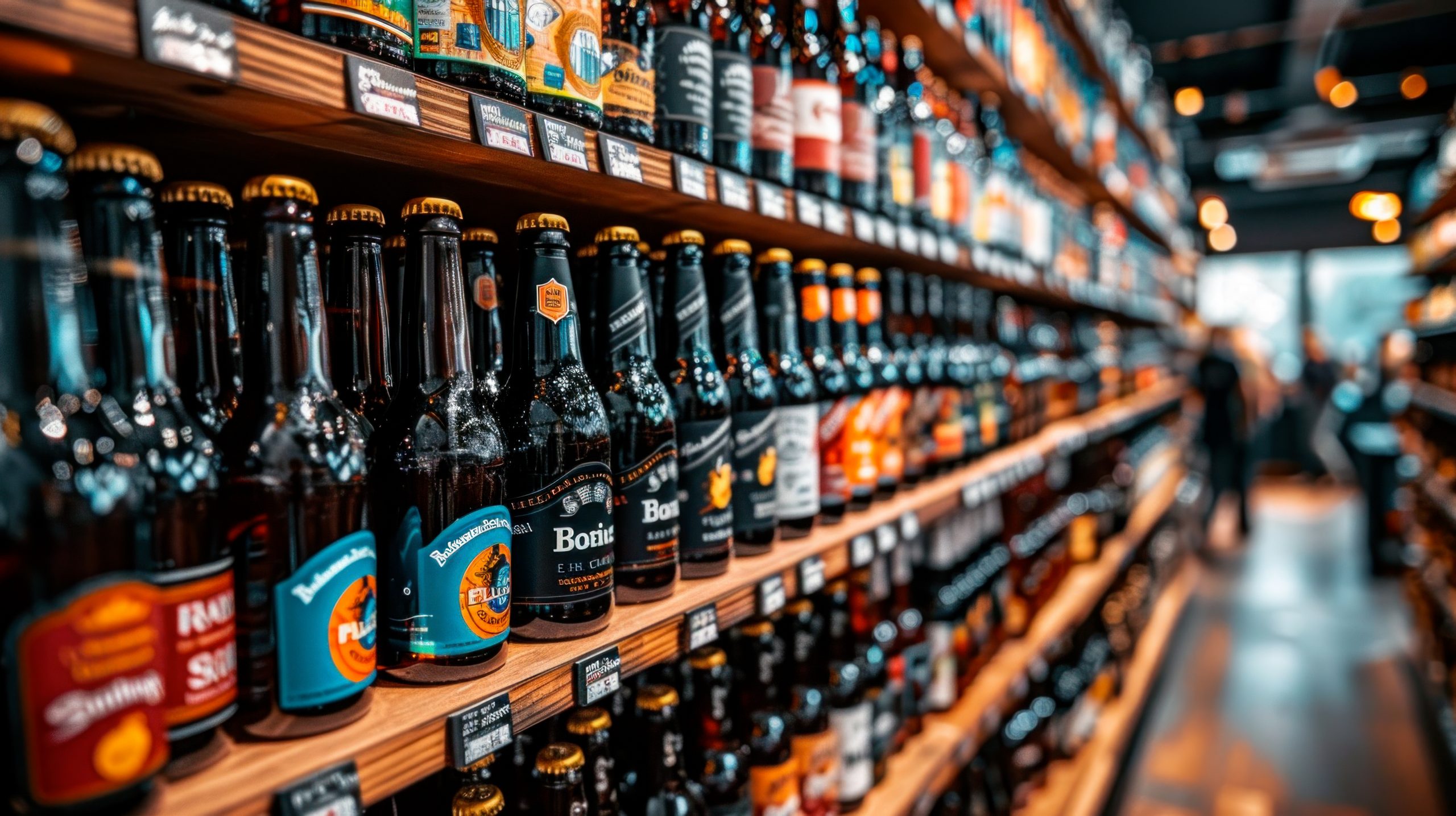 Many rows of bottled beer on store shelves